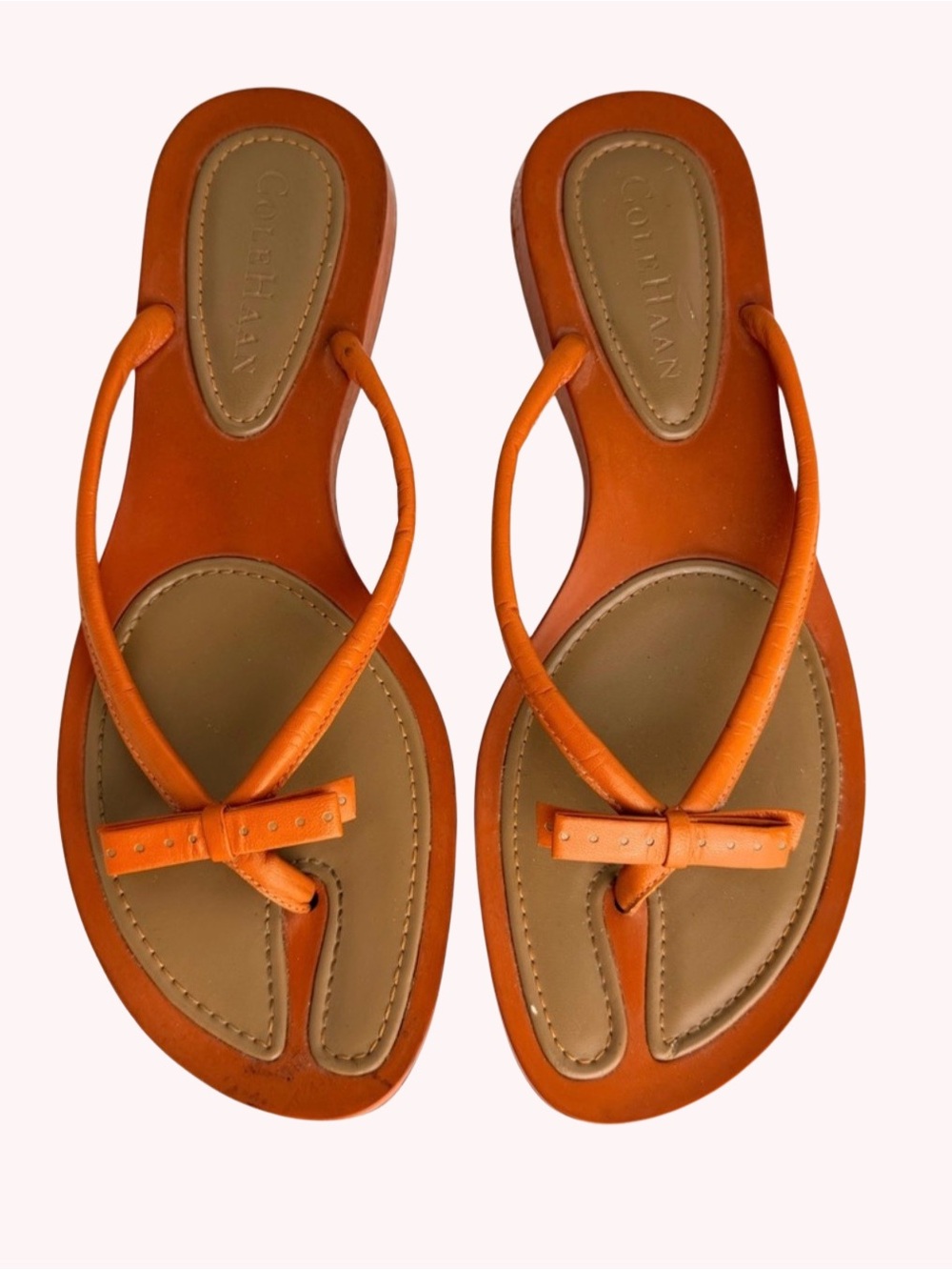Cole Haan Orange Leather Flat Thong Sandals Bow Accent Size